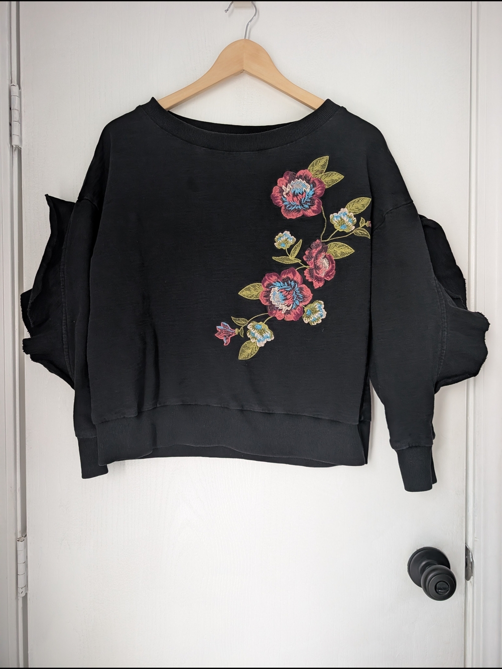 Byer California Black Sweatshirt with Pink & Blue Floral Accent
